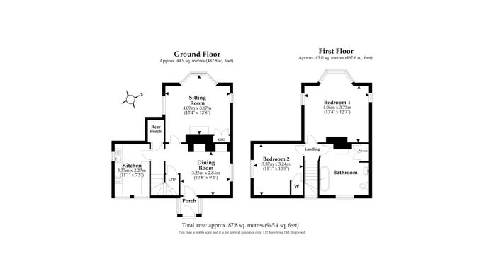 The floor plan for Killerton Park Cottage, showing the ground floor with sitting room, kitchen and dining room, and the first floor with two bedrooms and bathroom